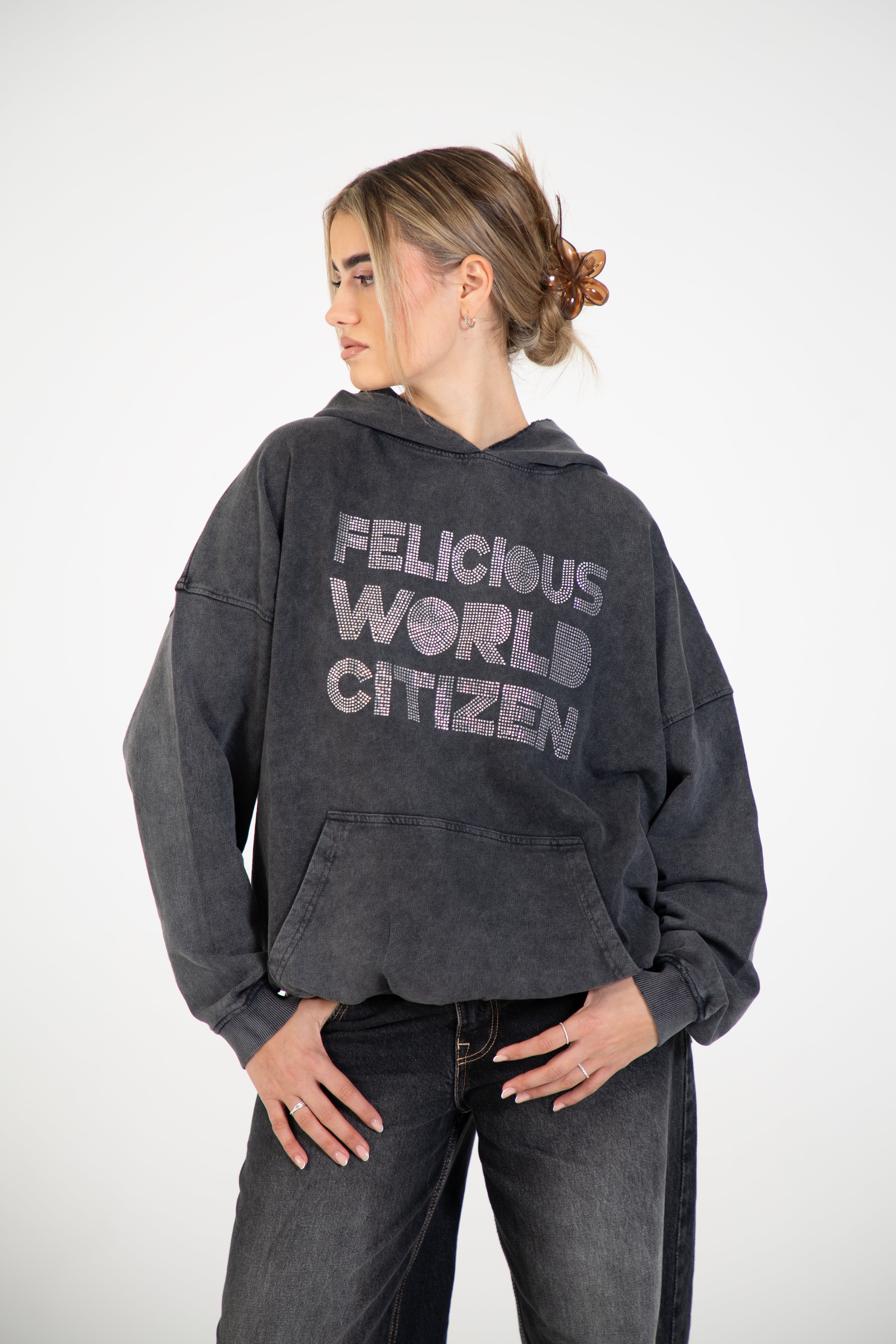 Vintage Hoodie Rhinestones Black Washed