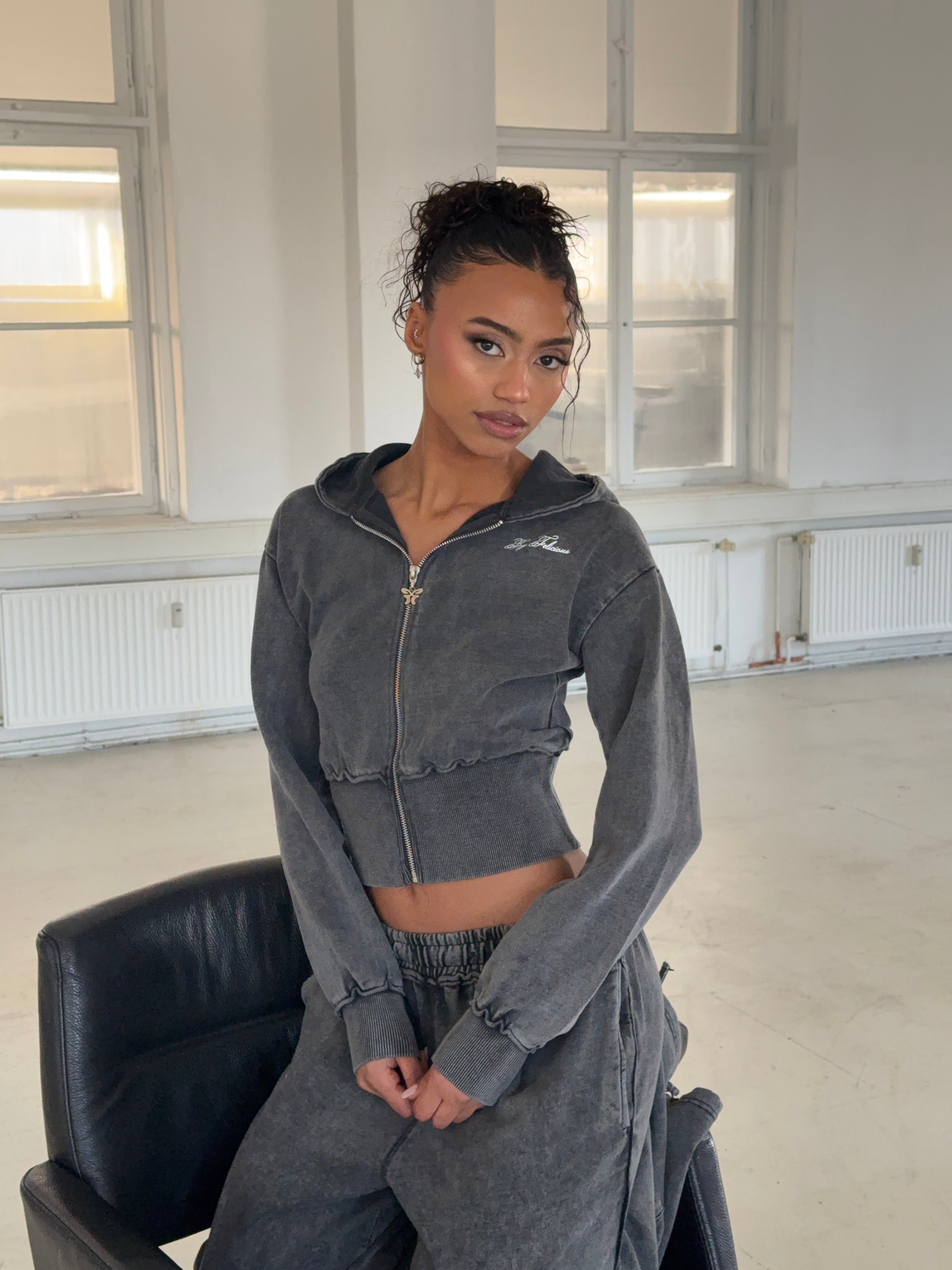 Cropped Sweat Jacket Washed Black