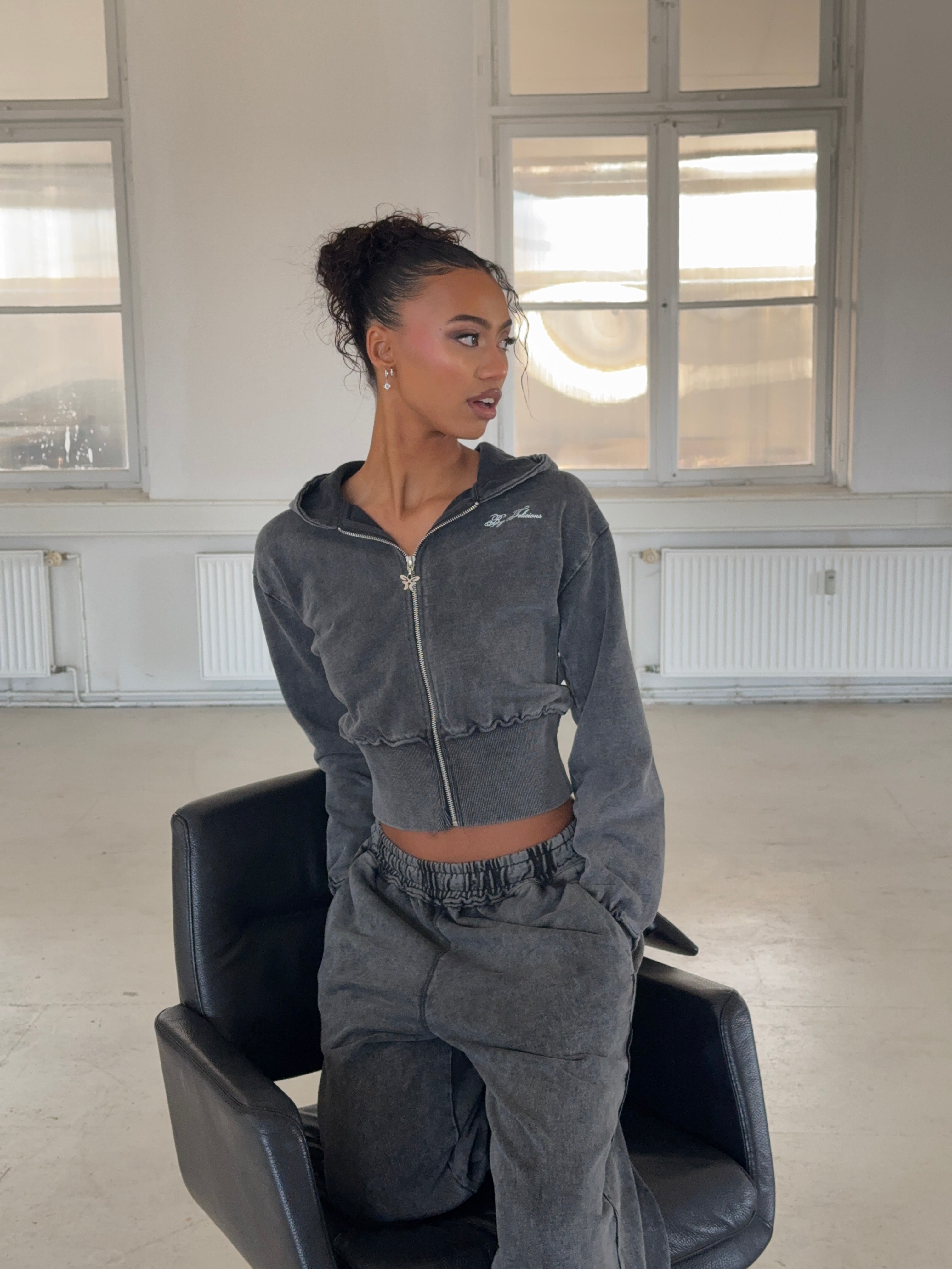 Cropped Sweat Jacket Washed Black