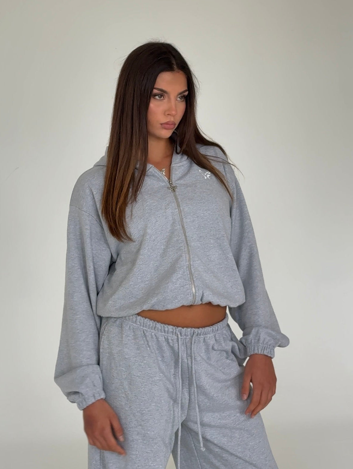 Cropped Zip-Hoodie Light Grey Melange