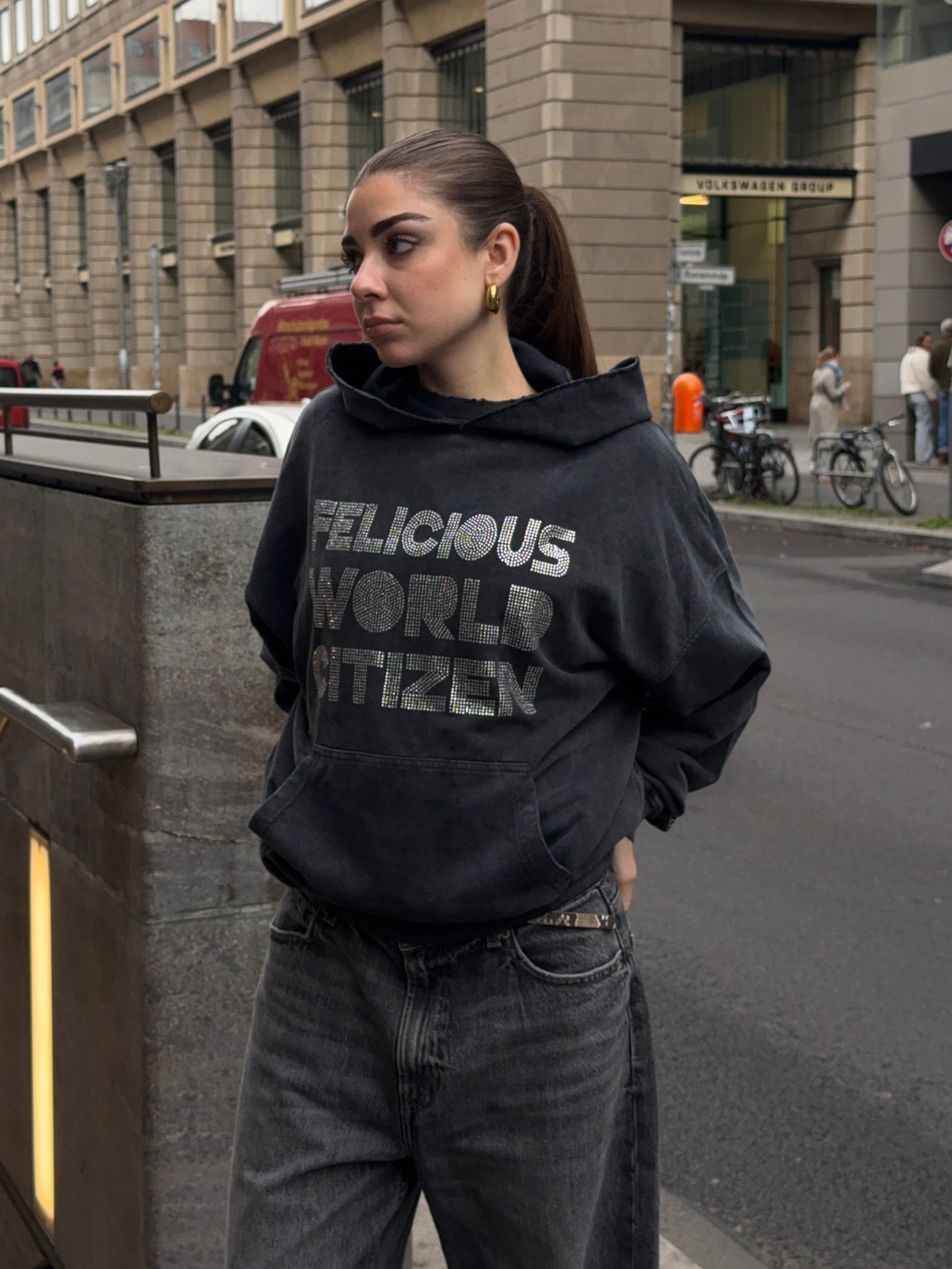 Vintage Hoodie Rhinestones Black Washed