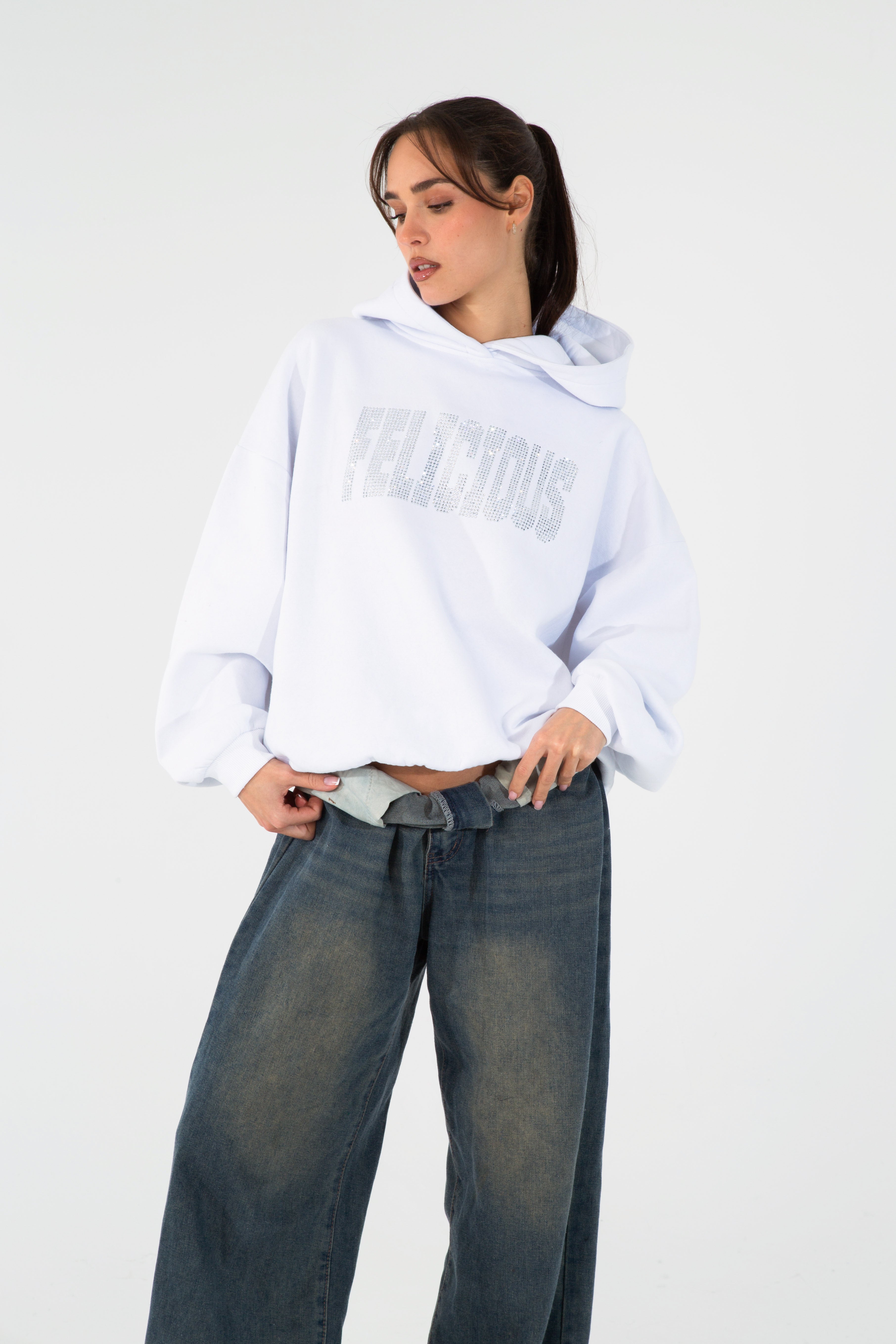 Felicious Rhinestones Lettering Hoodie White