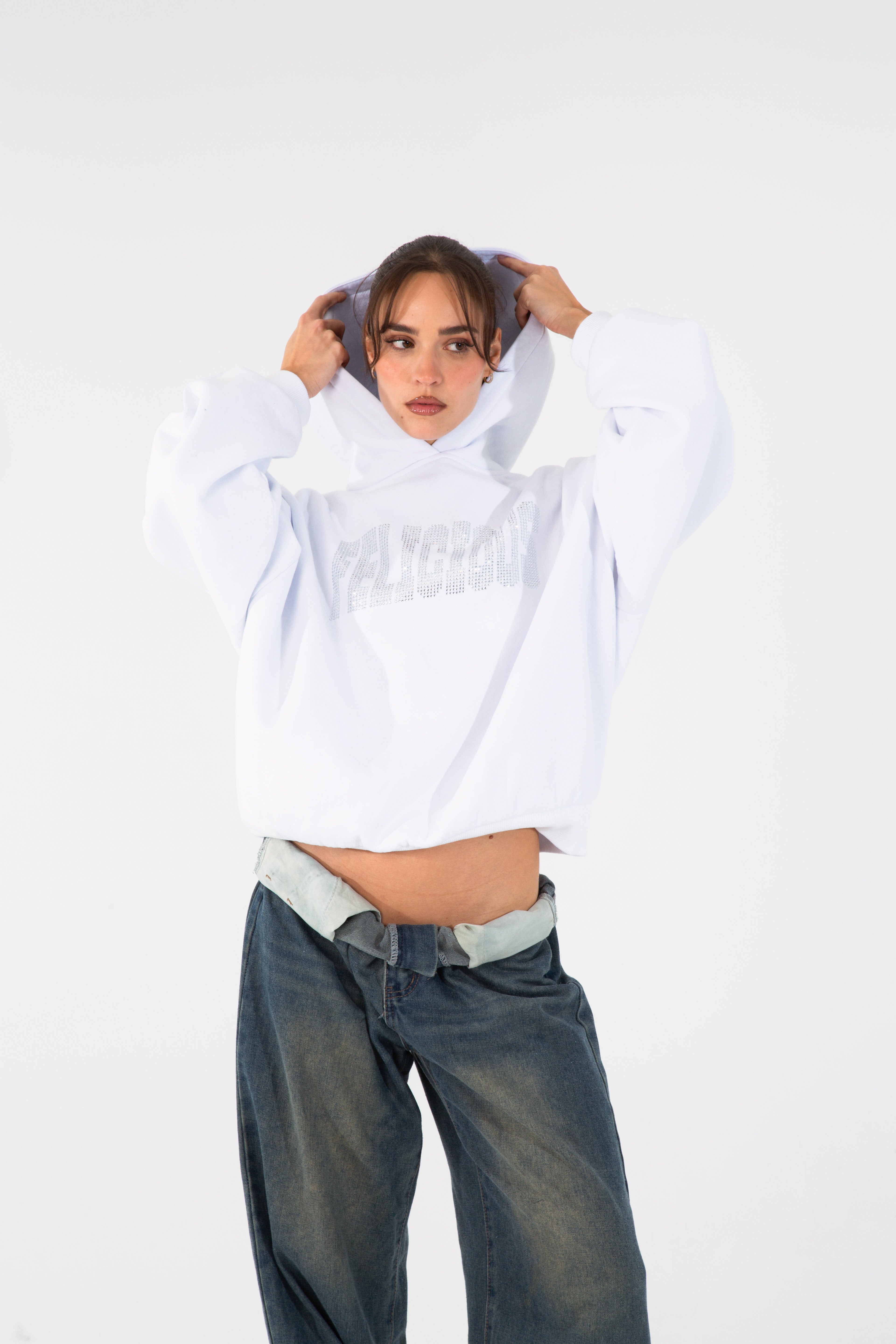 Felicious Rhinestones Lettering Hoodie White