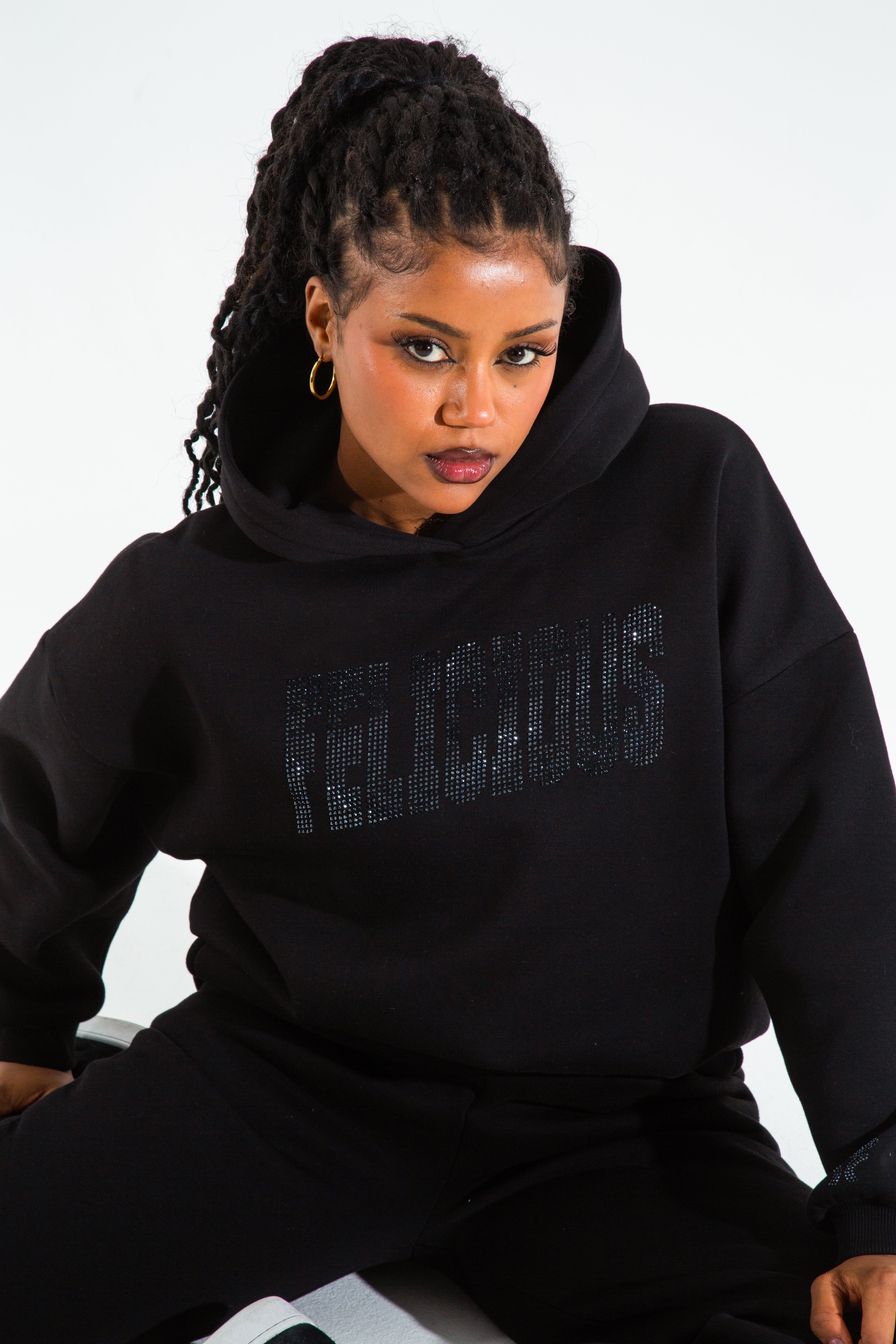 Felicious Rhinestones Lettering Hoodie Black