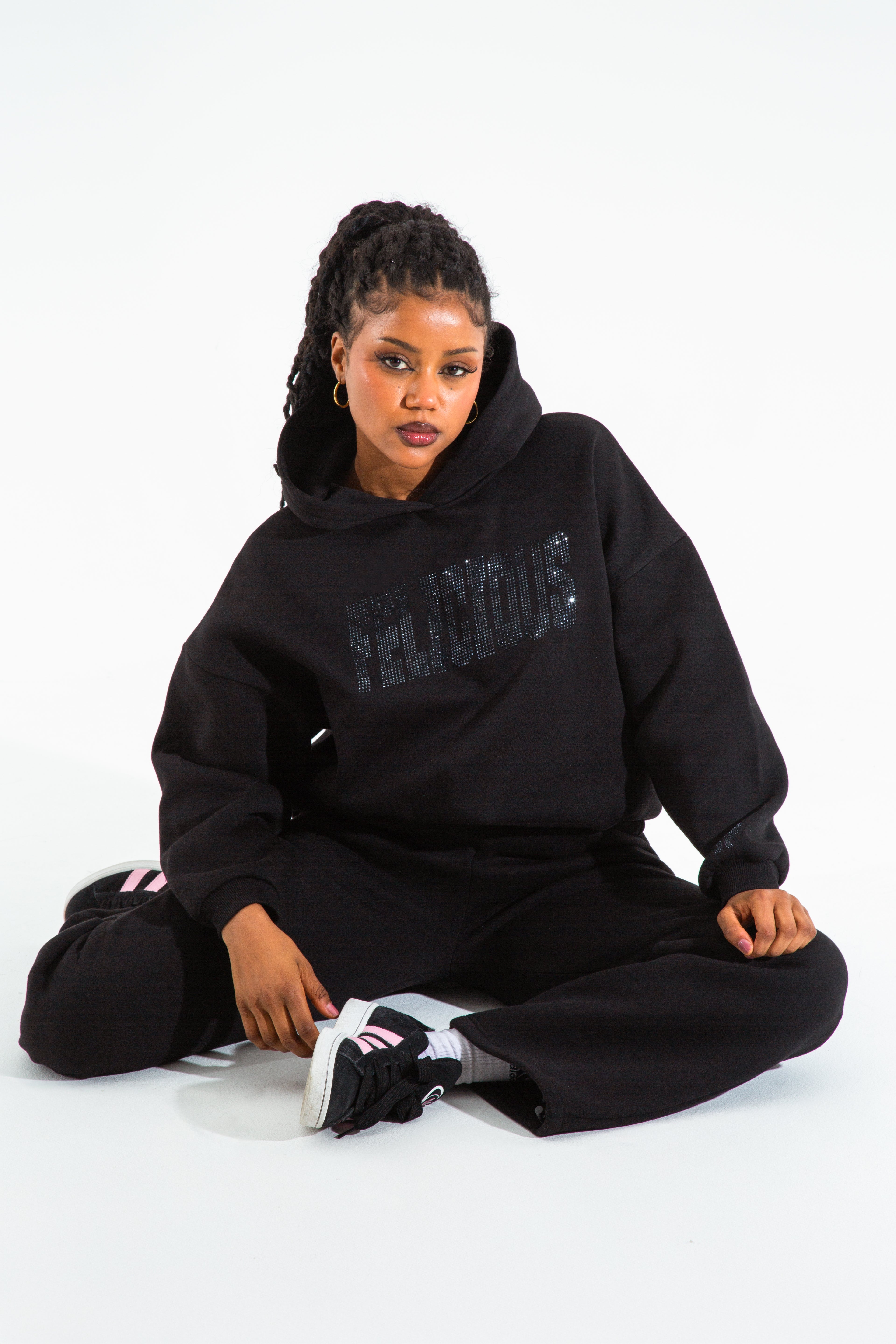 Felicious Rhinestones Lettering Hoodie Black