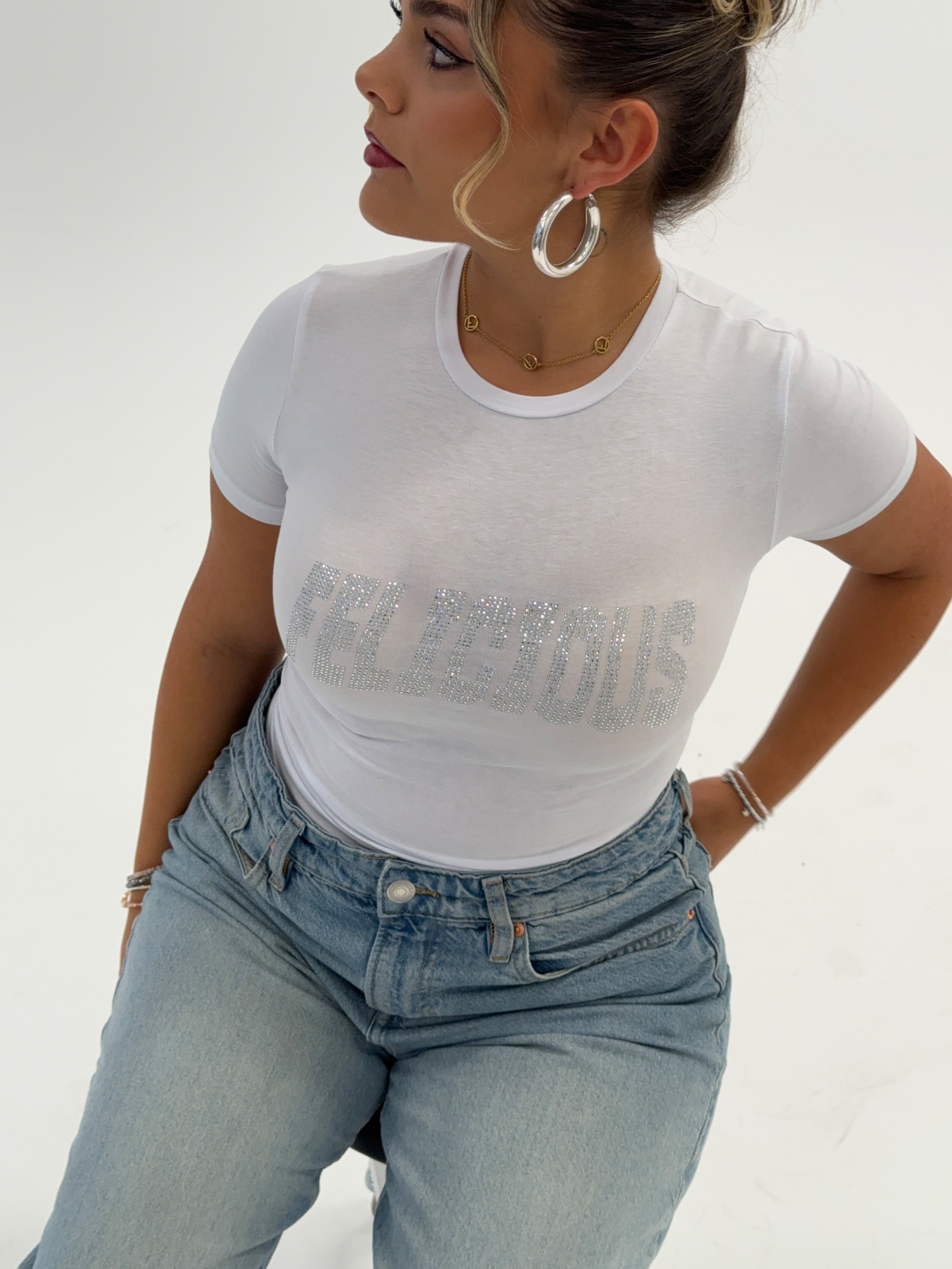 Felicious Rhinestones Lettering T-Shirt White