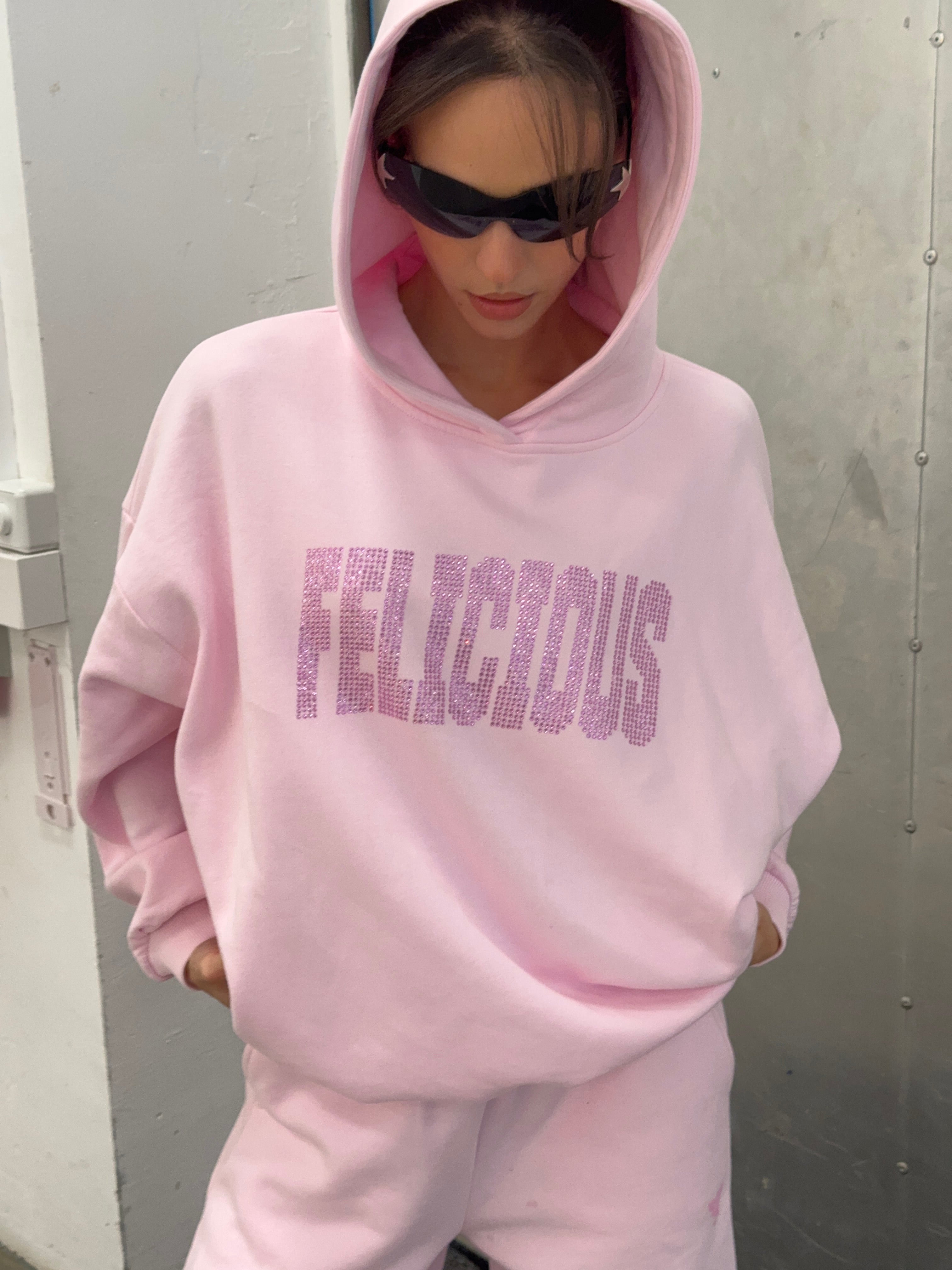 Felicious Rhinestones Lettering Hoodie Pink