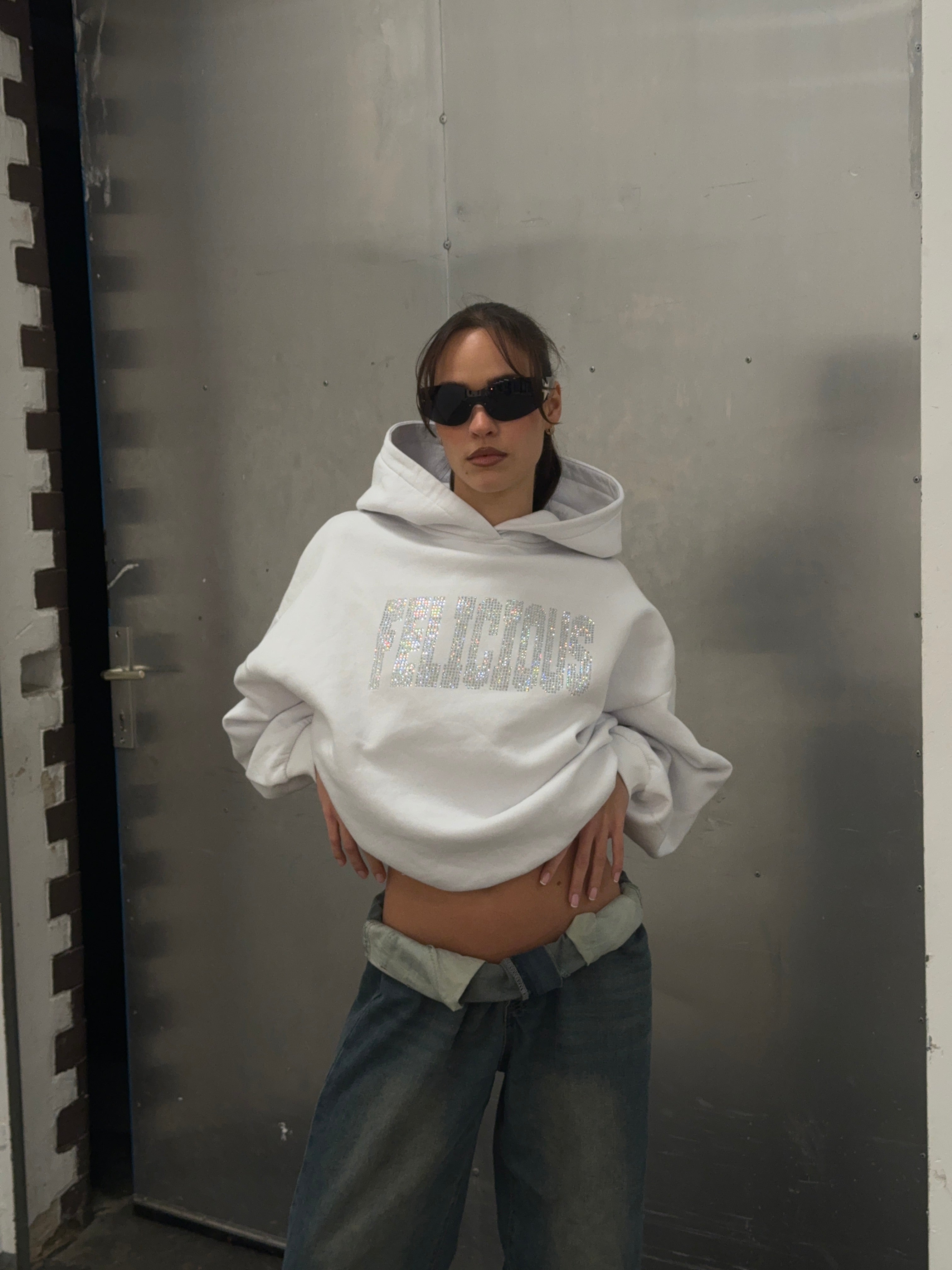 Felicious Rhinestones Lettering Hoodie White