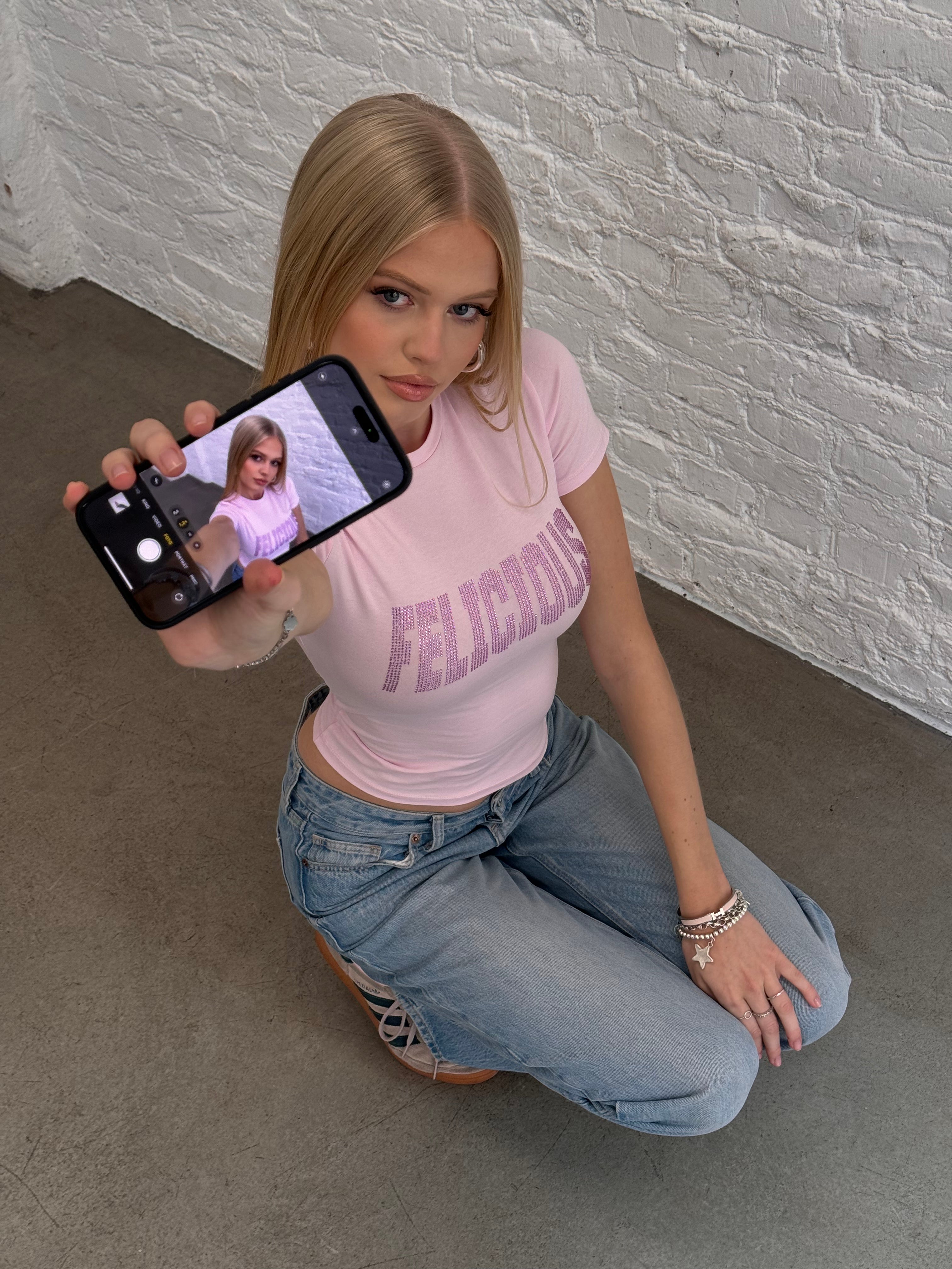 Felicious Rhinestones Lettering T-Shirt Pink