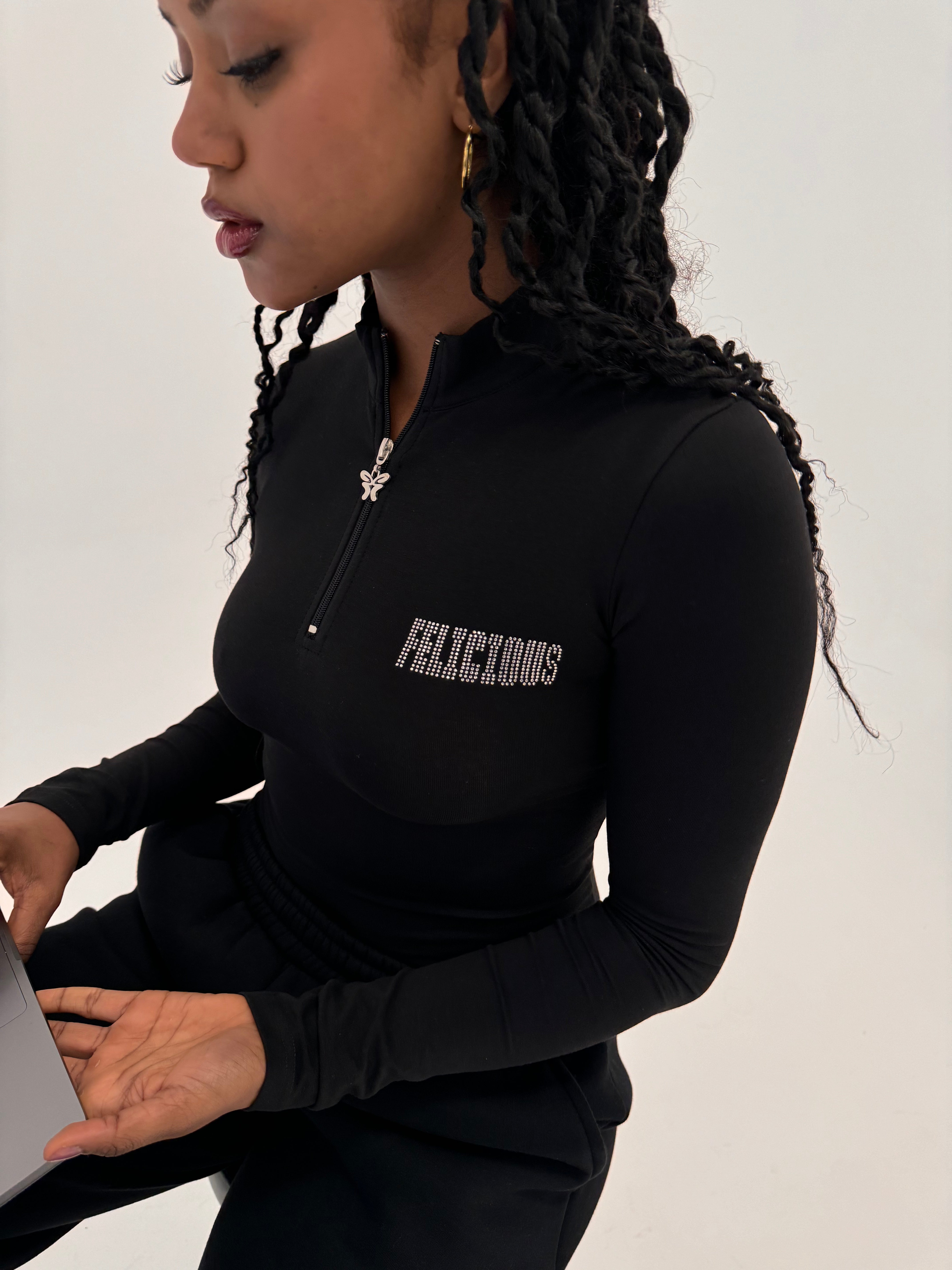 Tight Half-Zip Body Rhinestones Black