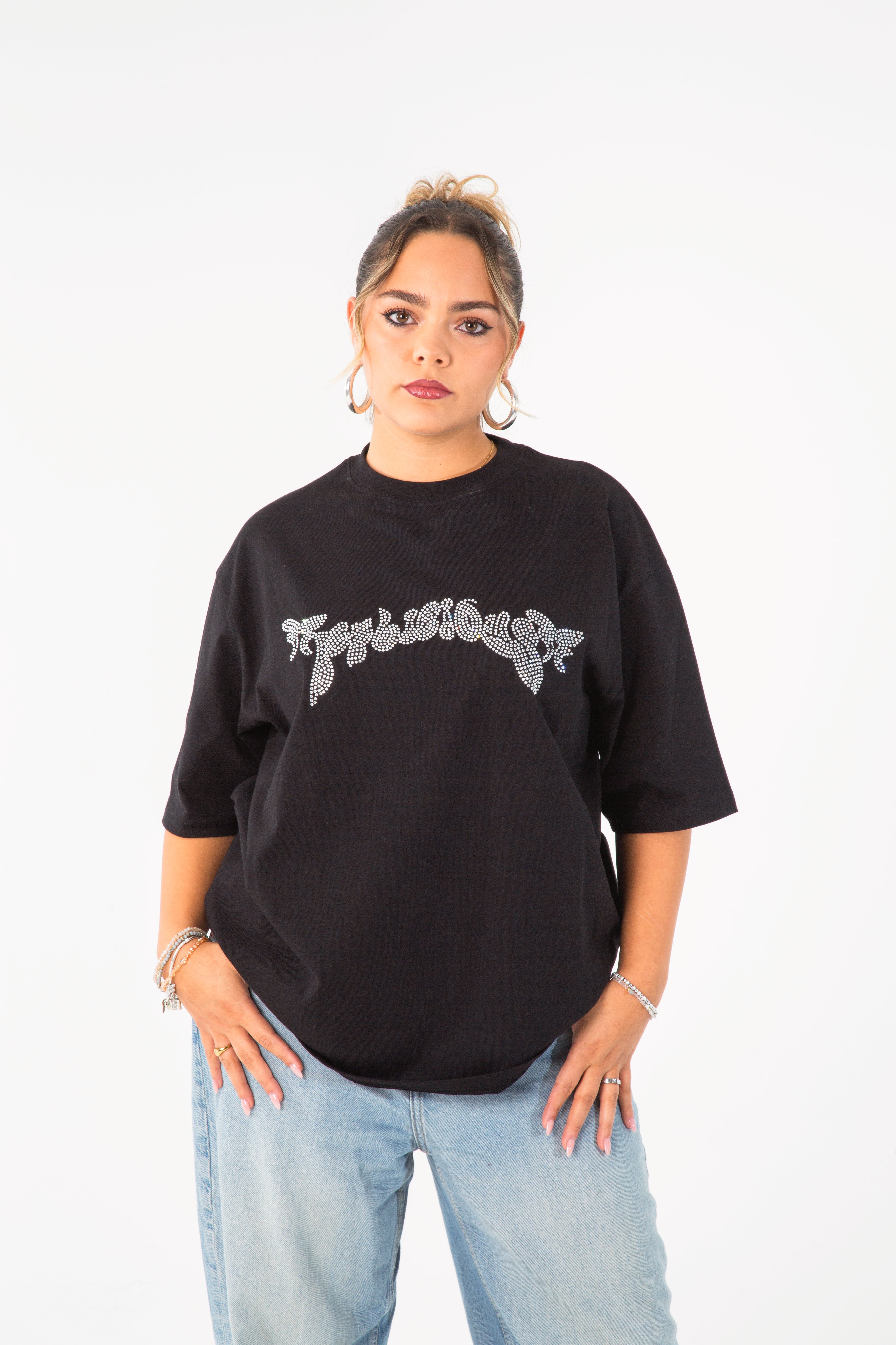 Felicious Rhinestones Loose Tee Black