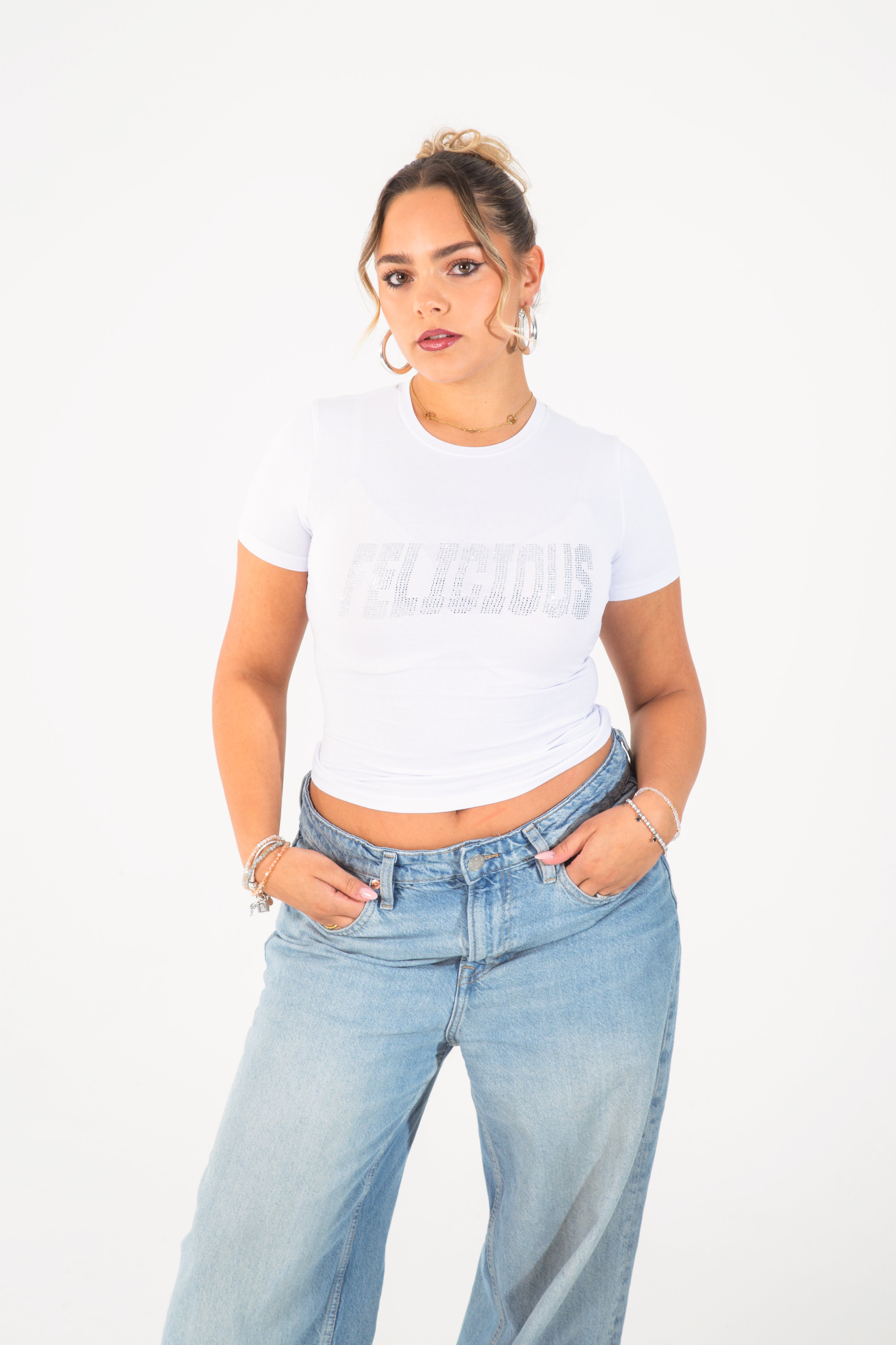 Felicious Rhinestones Lettering T-Shirt White