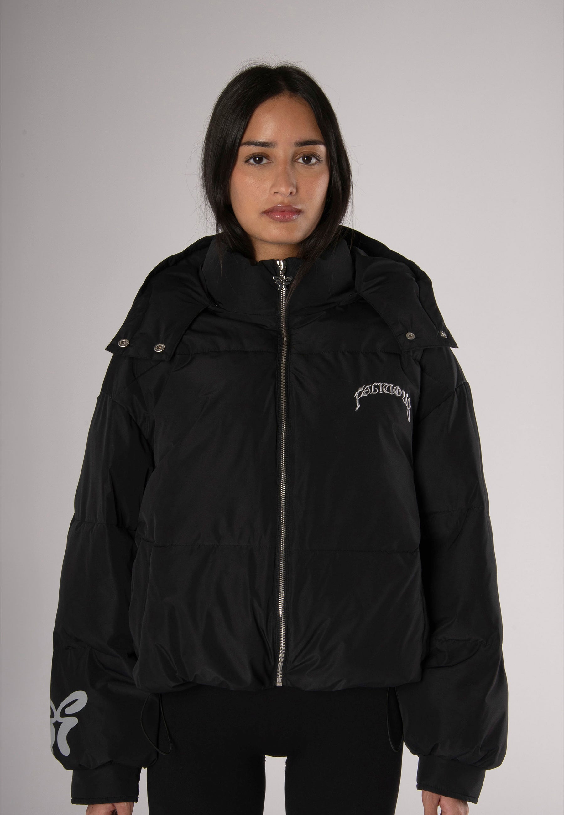 Black hood puffer jacket on sale