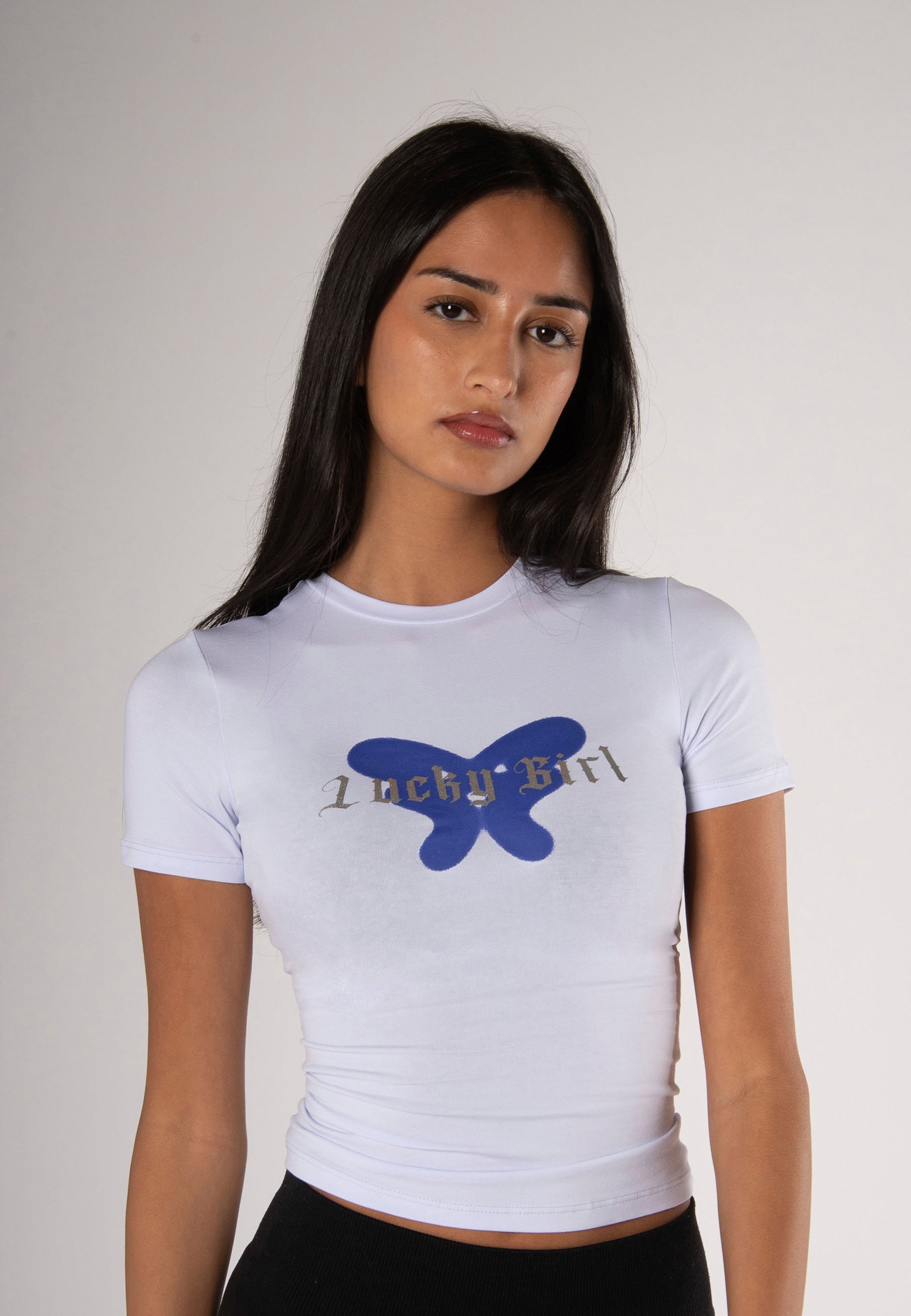 Lucky Girl Baby Tee White & Blue